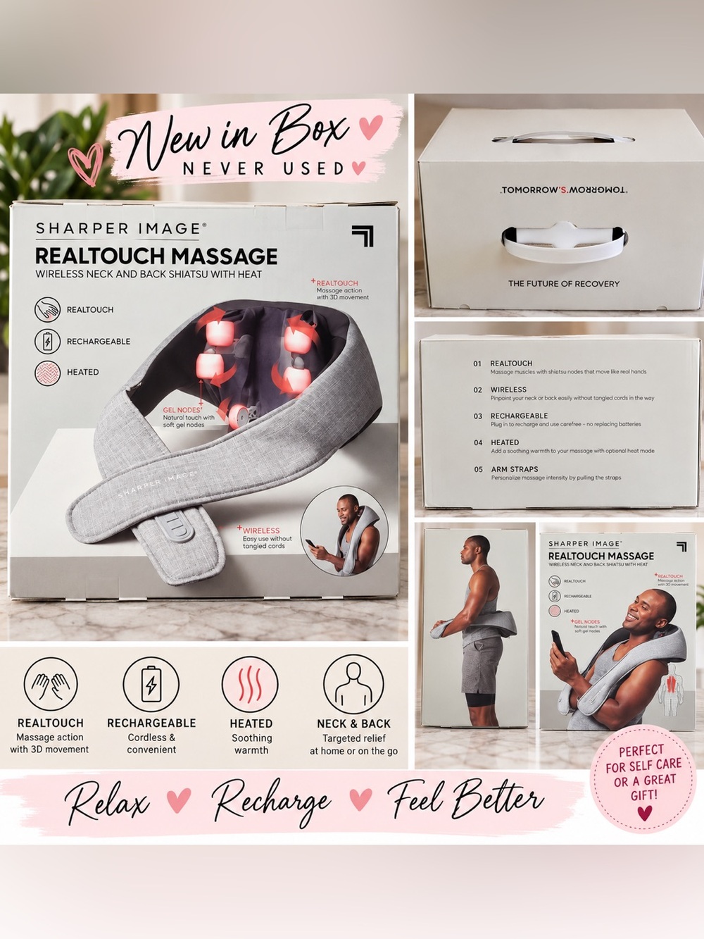 NIB Sharper Image RealTouch Shiatsu Neck & Back Massager w/ Heat Wireless